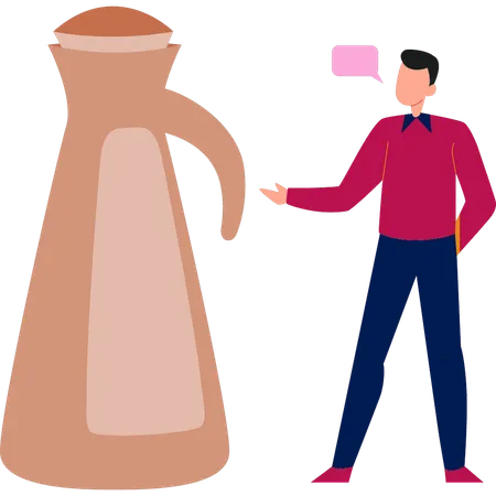 Un homme parle d'une carafe isotherme  Illustration