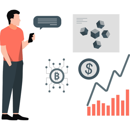 Un homme parle du réseau Bitcoin  Illustration