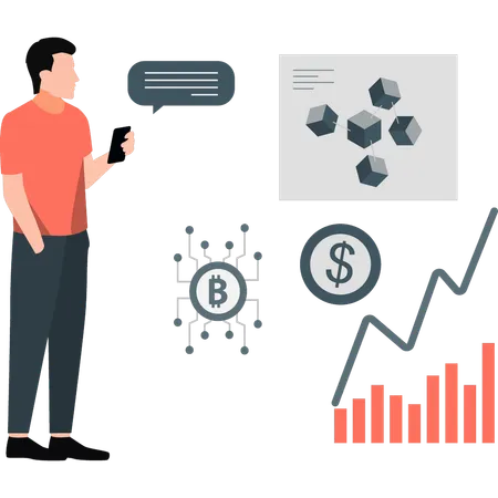 Un homme parle du réseau Bitcoin  Illustration