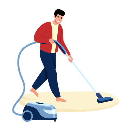 Homme passant l'aspirateur sur un tapis  Illustration