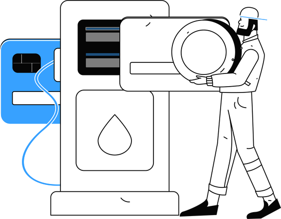 Un homme paie ses factures de carburant à la station-service  Illustration