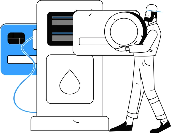 Un homme paie ses factures de carburant à la station-service  Illustration