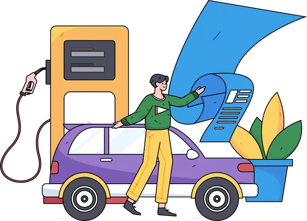 Un homme paie ses factures de carburant à la station-service  Illustration