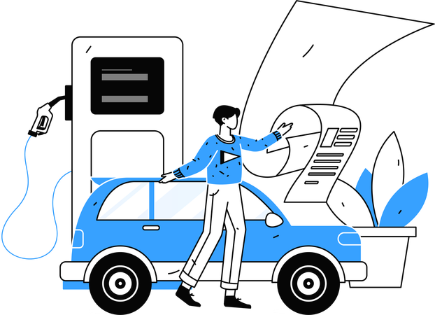 Un homme paie sa facture de carburant à une station-service  Illustration