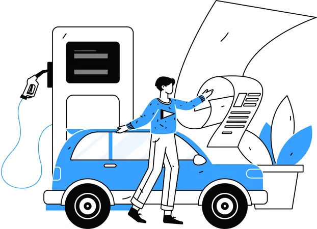 Un homme paie sa facture de carburant à une station-service  Illustration