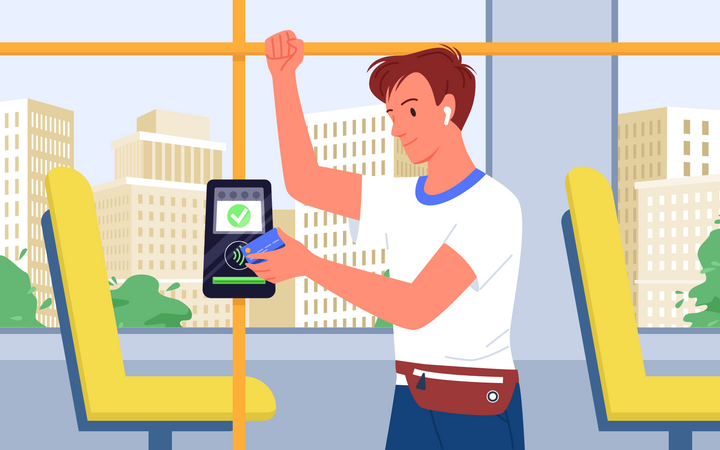 Homme payant les transports publics en utilisant Tap to Pay  Illustration