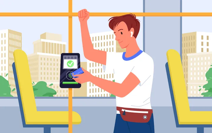 Homme payant les transports publics en utilisant Tap to Pay  Illustration