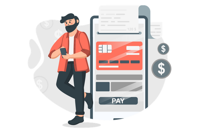 Homme payant une facture de carte de crédit à l'aide de l'application de paiement  Illustration