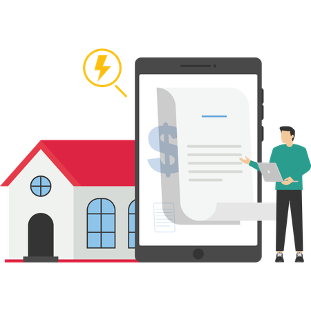 Un homme paie sa facture d'électricité en ligne avec son mobile  Illustration