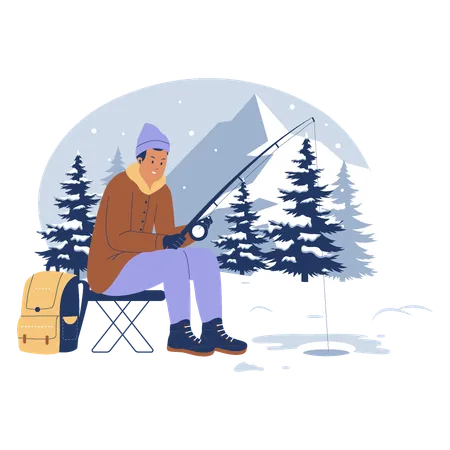 Homme pêchant en hiver  Illustration