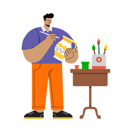Homme peignant sur un pot en argile  Illustration