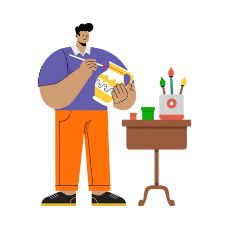 Homme peignant sur un pot en argile  Illustration
