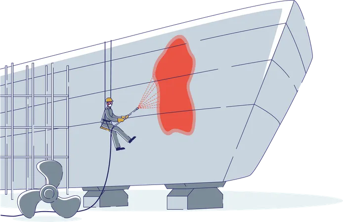 Homme peignant le fond du navire avec de la peinture en aérosol  Illustration