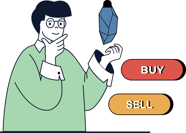 Un homme pense à acheter et à vendre des crypto-monnaies  Illustration