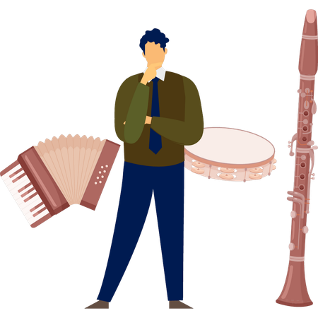 Un homme pense à l'accordéon et à la flûte  Illustration