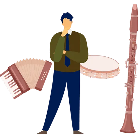 Un homme pense à l'accordéon et à la flûte  Illustration