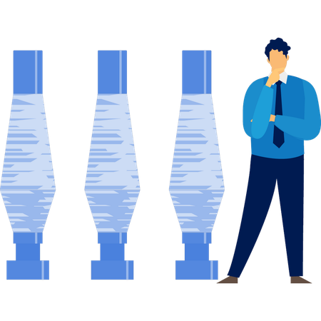 Un homme pense à l'impression 3D dans la fabrication de tuyaux métalliques  Illustration