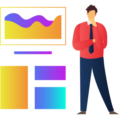 Homme pensant au tableau de financement des entreprises  Illustration
