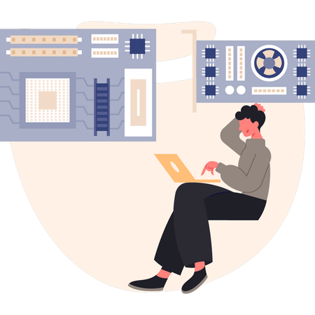Un homme pense à une puce informatique  Illustration