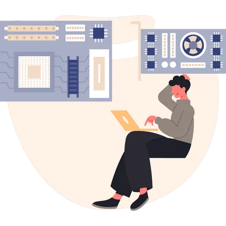 Un homme pense à une puce informatique  Illustration