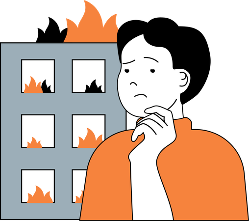 Homme pensant au bâtiment d'incendie  Illustration