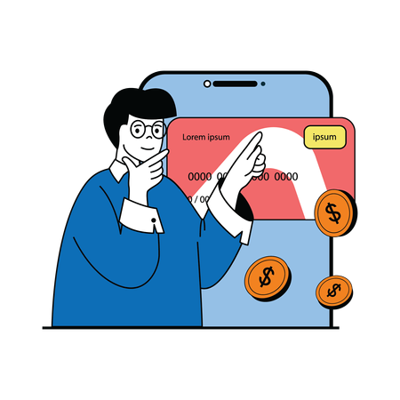 Homme pensant au paiement en ligne par carte  Illustration