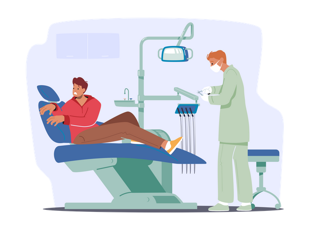 Traitement dentaire d'un patient effrayé  Illustration