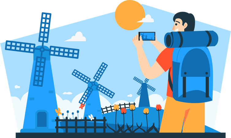 Homme photographiant un moulin à vent  Illustration