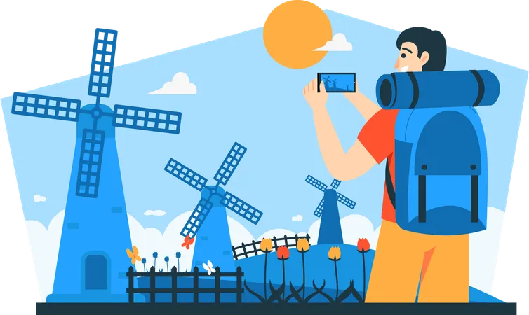 Homme photographiant un moulin à vent  Illustration