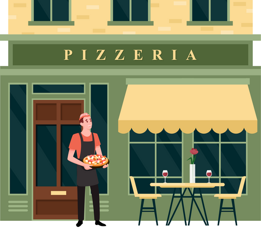 Pizzaiolo masculin accueillant le client au café  Illustration