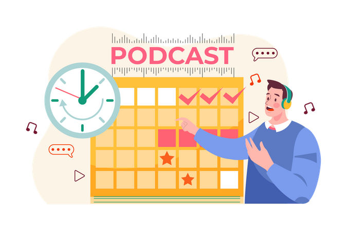 Homme planifiant la date de sortie d'un podcast  Illustration