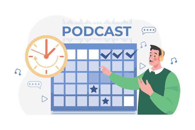 Homme planifiant la date de sortie d'un podcast  Illustration