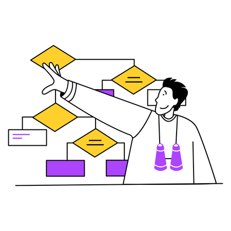 Homme planifiant une stratégie à l’aide d’un organigramme  Illustration