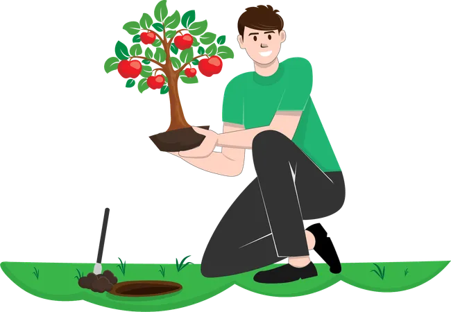 Homme plantant un pommier dans un jardin  Illustration