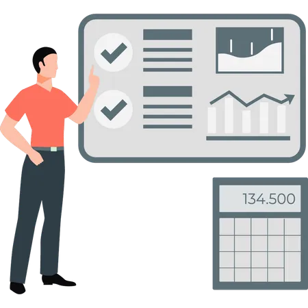 Homme pointant du doigt le calcul du montant  Illustration