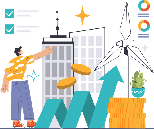 Homme pointant du doigt la croissance des énergies renouvelables  Illustration