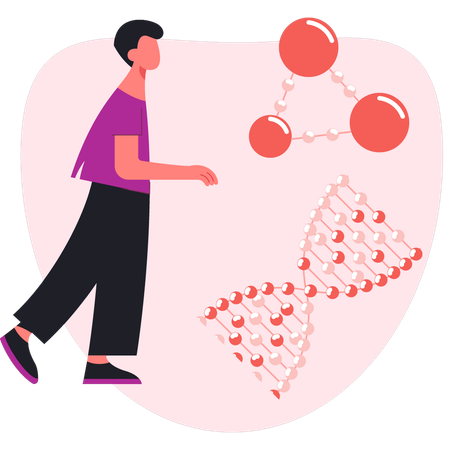 Homme montrant une molécule d'ADN et sa structure  Illustration