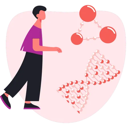 Homme montrant une molécule d'ADN et sa structure  Illustration