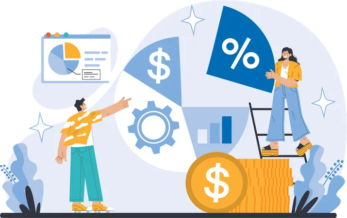 Homme pointant le rapport d'analyse financière  Illustration