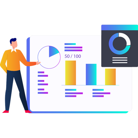 Homme pointant vers un graphique circulaire à l'écran  Illustration