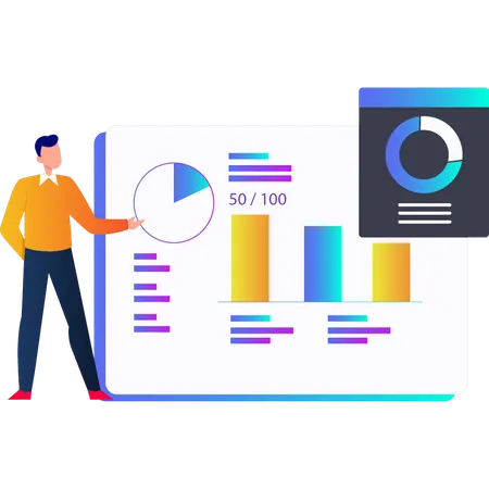 Homme pointant vers un graphique circulaire à l'écran  Illustration