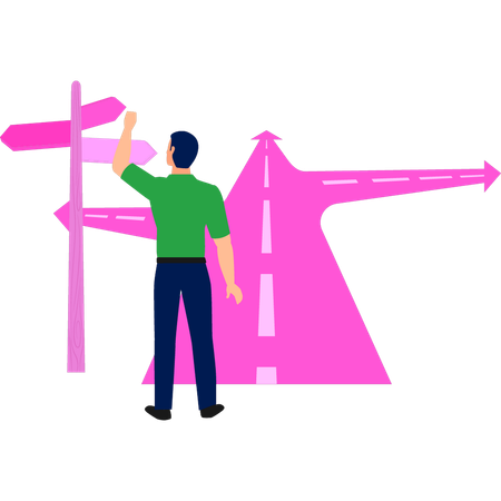Homme pointant vers le panneau de direction  Illustration