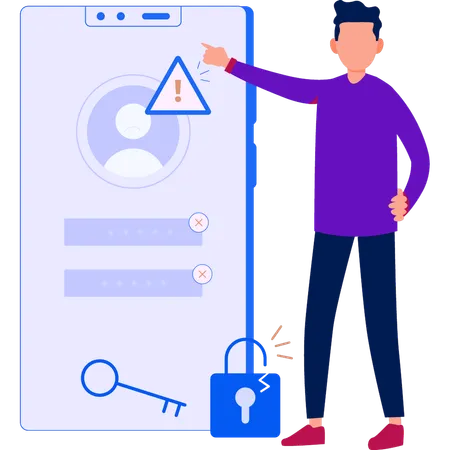 Homme pointant vers un compte non sécurisé sur mobile  Illustration
