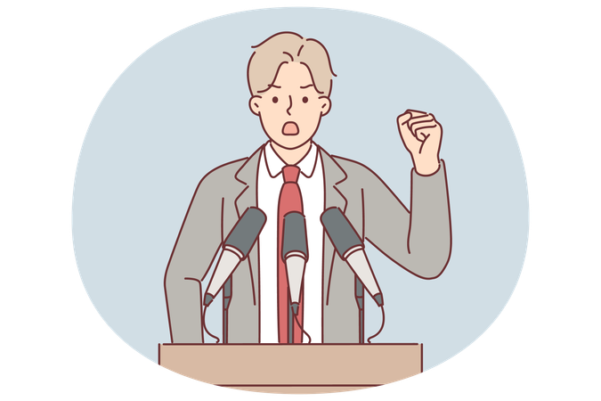 Un homme politique se tient derrière le podium avec un microphone et gesticule en faisant des promesses électorales  Illustration