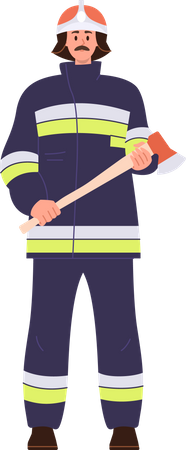 Pompier masculin en casque avec hache  Illustration