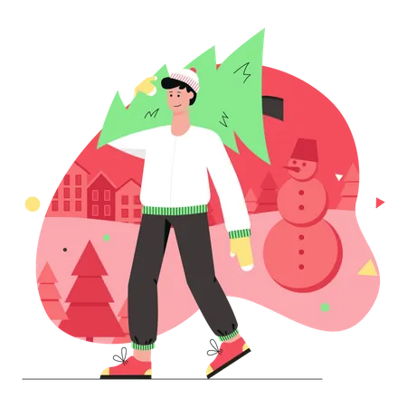 Homme portant un arbre de Noël  Illustration
