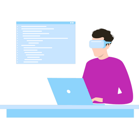 Homme portant des lunettes VR et travaillant sur la programmation de logiciels sur son ordinateur portable  Illustration