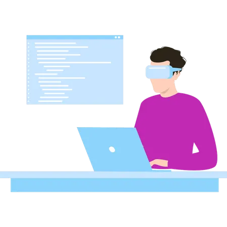 Homme portant des lunettes VR et travaillant sur la programmation de logiciels sur son ordinateur portable  Illustration