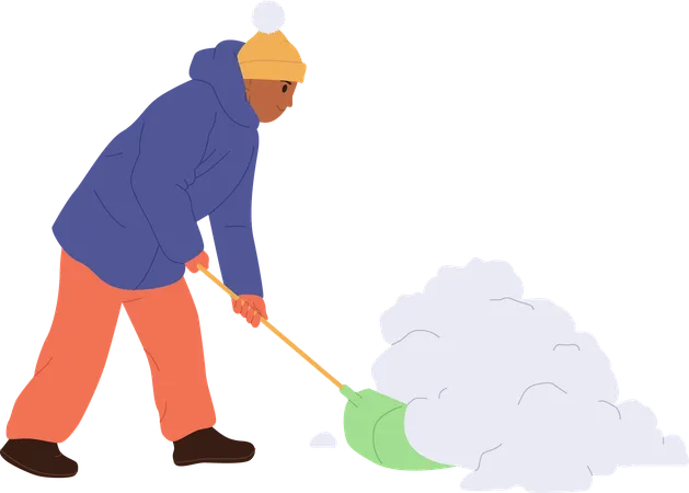 Homme portant des vêtements chauds nettoyant la rue de la neige avec une pelle  Illustration