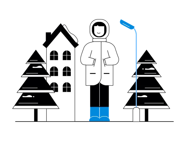 Homme portant des vêtements d'hiver et debout à l'extérieur  Illustration